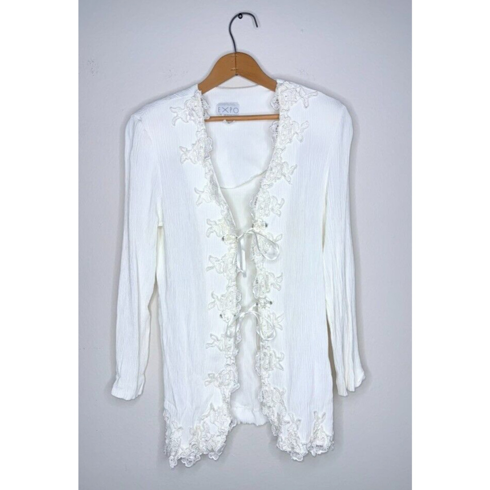 EXPO Vtg 90s Embroidered Flowers Open Tie Cardigan Lace Victorian Romantic Sz 14